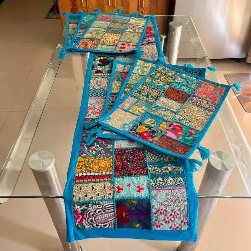 Chic Horizons Barmer Bliss Table Runner & 6 Placemats Set - Handwoven Bohemian Desert Vibes, Rustic Earthy Tones