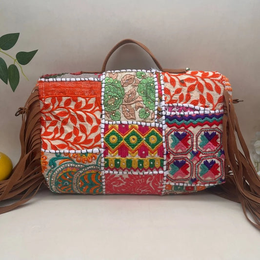 Handcrafted White Banjara Bag - Boho Chic Rajasthani Shoulder Bag with Embroidered