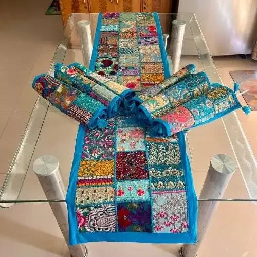Chic Horizons Barmer Bliss Table Runner & 6 Placemats Set - Handwoven Bohemian Desert Vibes, Rustic Earthy Tones