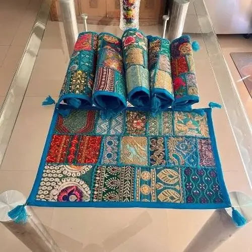 Chic Horizons Barmer Bliss Table Runner & 6 Placemats Set - Handwoven Bohemian Desert Vibes, Rustic Earthy Tones
