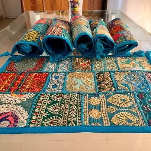 Chic Horizons Barmer Bliss Table Runner & 6 Placemats Set - Handwoven Bohemian Desert Vibes, Rustic Earthy Tones